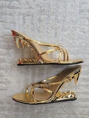 Metallic Gold Fang Wedge Sandals for Women Size 36